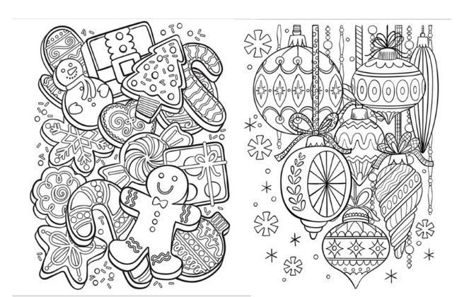 Free printable colouring in pages of Christmas biscuits and baubles 