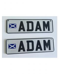 Personalised pram plates with a flag