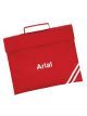 Red personalised book bag with Arial text